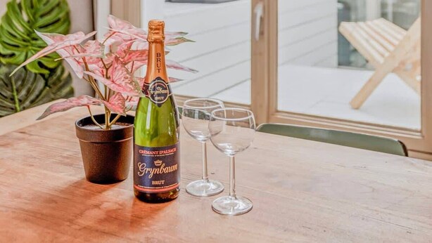 A table with a bottle of Brut champagne, two glasses, and a potted plant. - Spacious house for 6 – central Antwerp (Antwerpen)