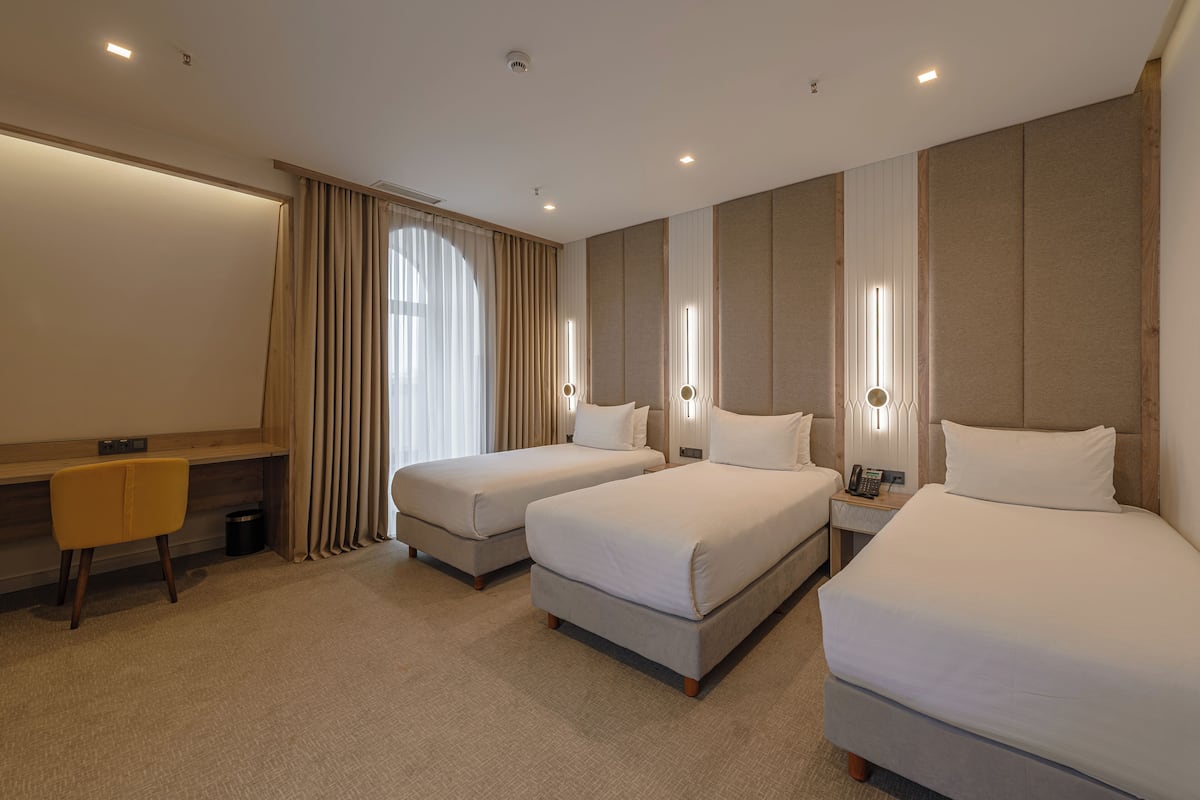 A hotel room with two single beds, a desk, and a chair.