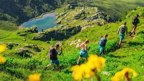 Un groupe de randonneurs sur un sentier de montagne herbeux, avec un lac en arrière-plan.