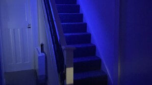 Una escalera en una habitación con poca luz, una puerta y un objeto pequeño en el suelo.