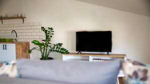 A modern living room with a flat-screen TV, a potted plant, and a wooden cabinet. - Daria Apartment (Ohrid)