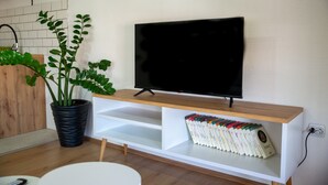 A modern living room with a TV on a wooden stand, a potted plant, and a bookshelf with books. - Daria Apartment (Ohrid)