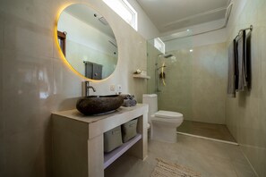Hair dryer, bidet, towels, soap