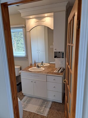 Hair dryer, towels, soap, shampoo