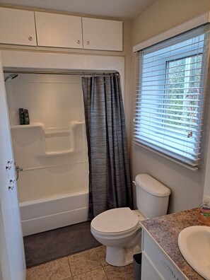 Hair dryer, towels, soap, shampoo