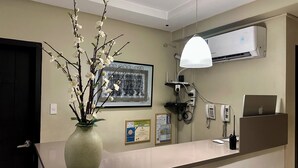 Una zona de recepción con un florero, una obra de arte enmarcada, un equipo de aire acondicionado, un escritorio con una computadora portátil y un teléfono.