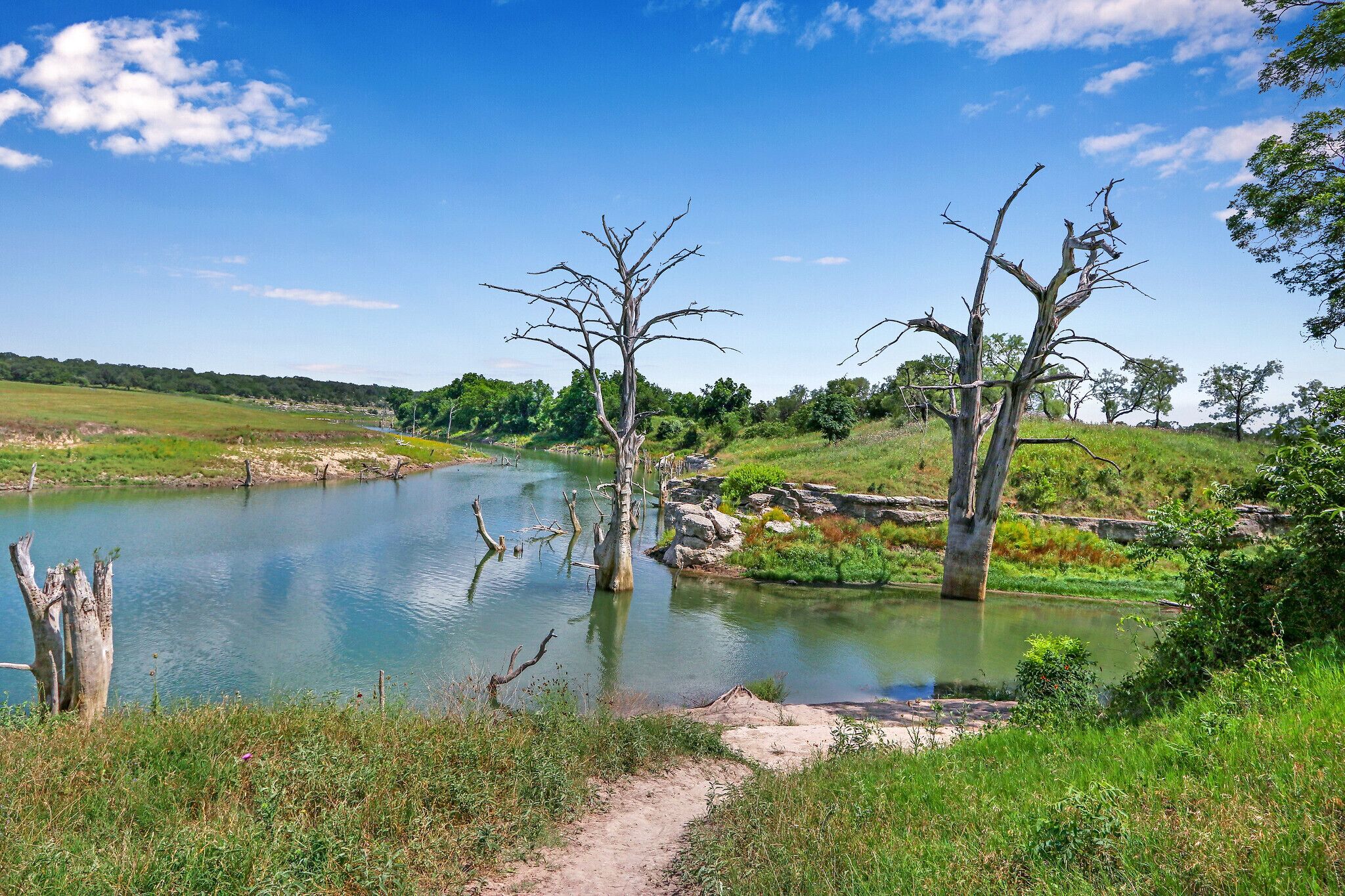 A river with trees and a clear sky.