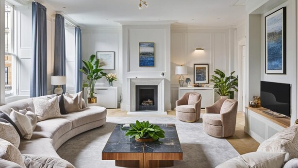 A spacious living room with a fireplace, comfortable seating, and a modern coffee table.