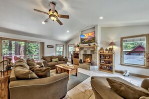 Smart TV, fireplace, video games, DVD player