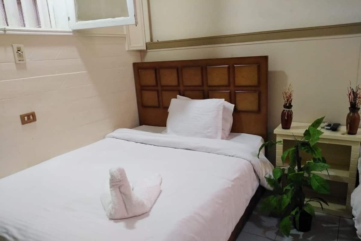 A neatly made bed with a white comforter and pillows, a wooden headboard, a bedside table with a vase, and a potted plant.
