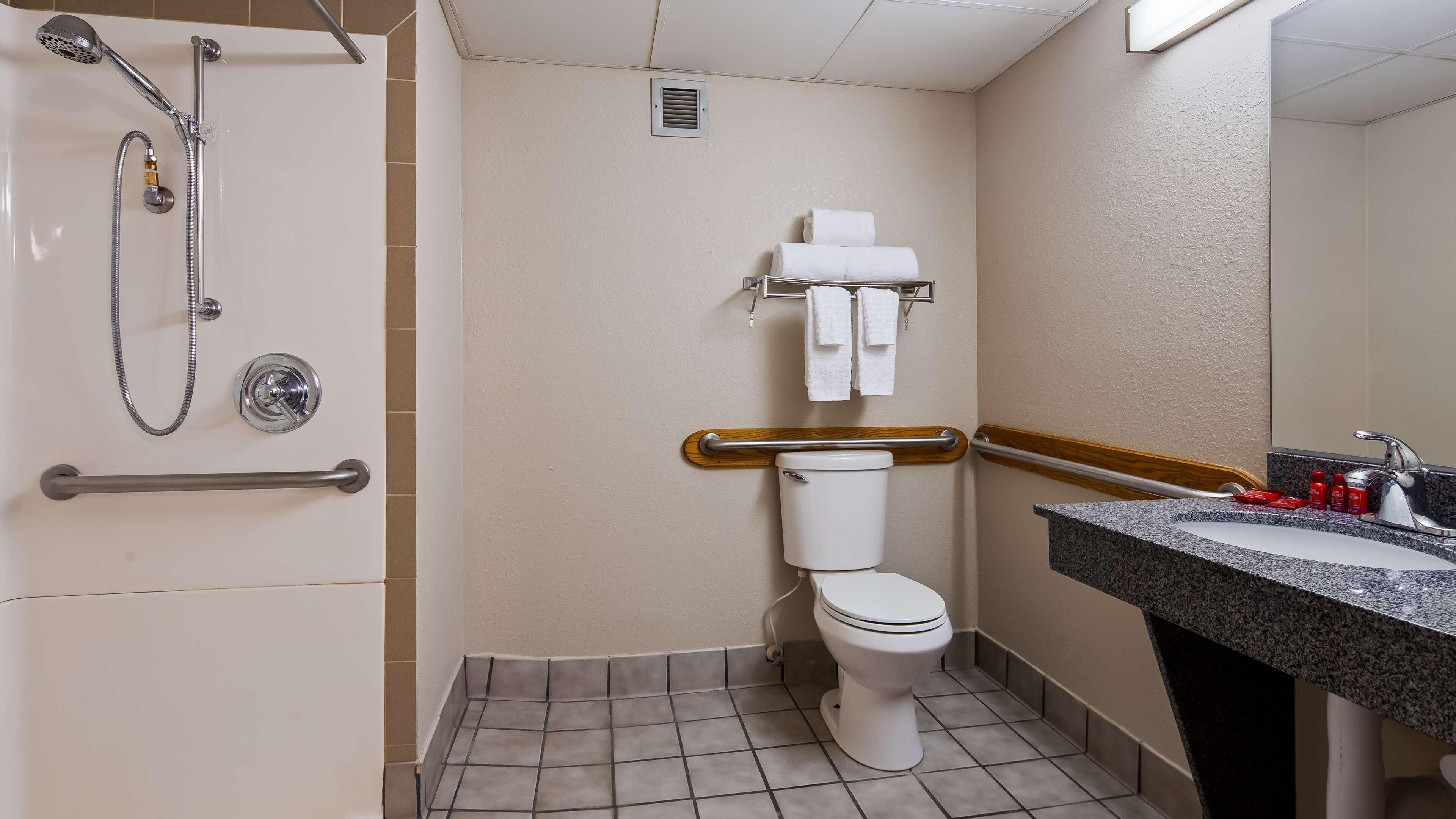 A bathroom with a shower, toilet, and sink.