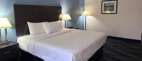 A hotel room with a bed, two bedside lamps, a nightstand, a framed picture on the wall, and a carpeted floor.