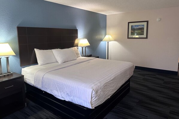 A hotel room with a bed, two bedside lamps, a nightstand, a framed picture on the wall, and a carpeted floor.