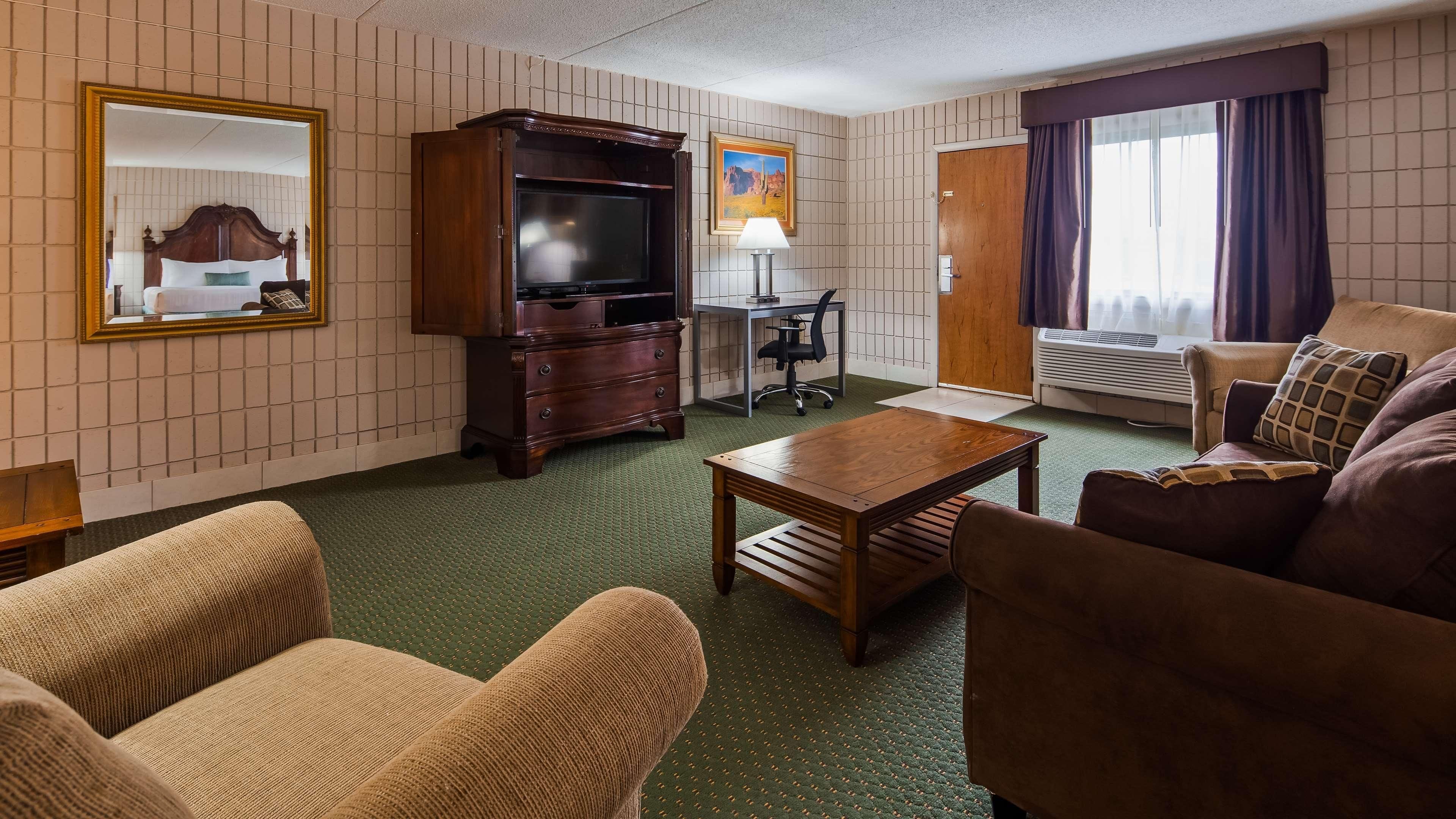 Habitación de hotel con alfombra verde, un mueble bajo de televisión de madera, sofá, mesa de centro y ventana con cortinas.
