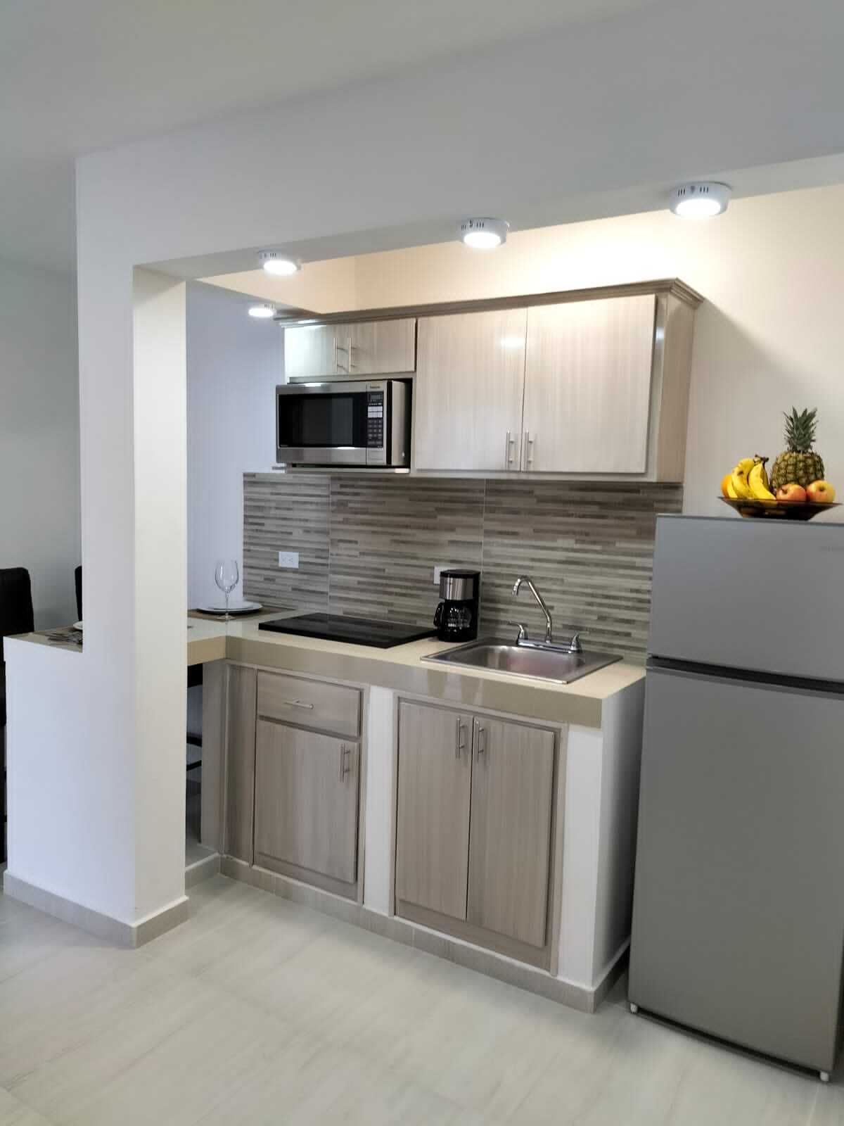 Kühlschrank, Mikrowelle, Herdplatte, Wasserkocher mit Kaffee-/Teezubehör