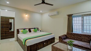 Une chambre d’hôtel comprenant un lit, un canapé, une petite table avec une plante, un ventilateur de plafond et un appareil de climatisation.