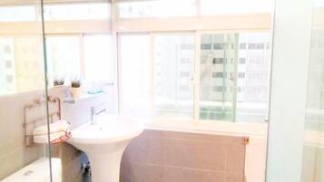 Shower, hair dryer, towels, soap