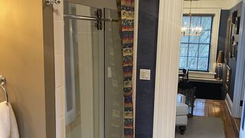 Hair dryer, towels, soap, shampoo