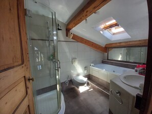 Hair dryer, towels, soap, toilet paper