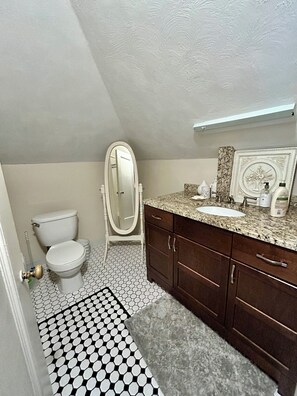 Un baño con inodoro, tocador con lavabo, espejo y zona de ducha.