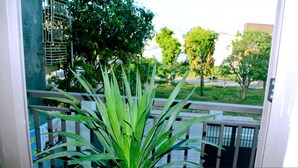 Een potplant in een hotelkamer met uitzicht op een balkon.