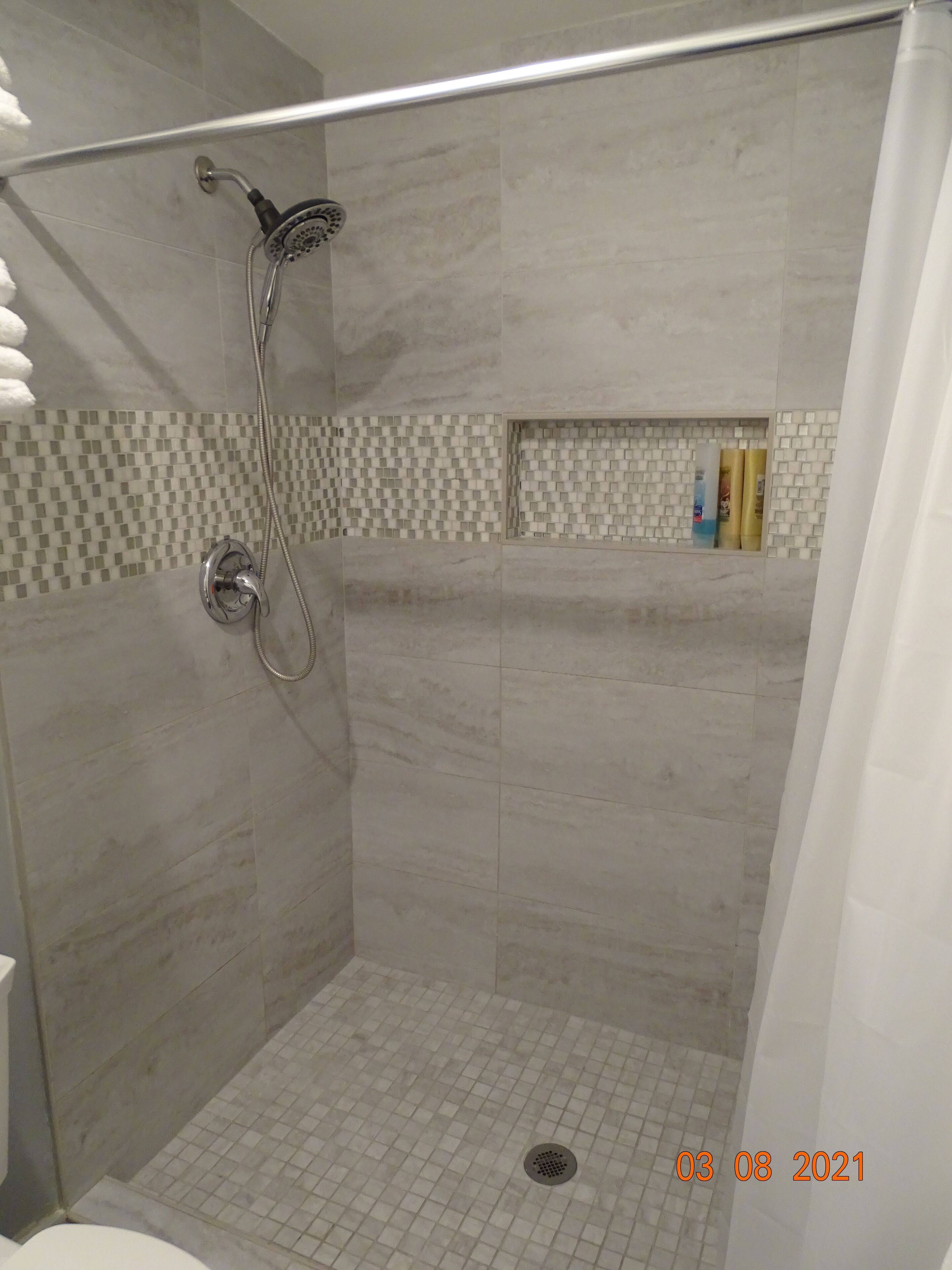 Hair dryer, towels, soap, shampoo