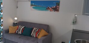 Ein graues Sofa mit bunten Kissen, ein Strandbild, ein kleiner Tisch mit einer Lampe und eine Küchenzeile mit Spüle und Handtuchhalter.