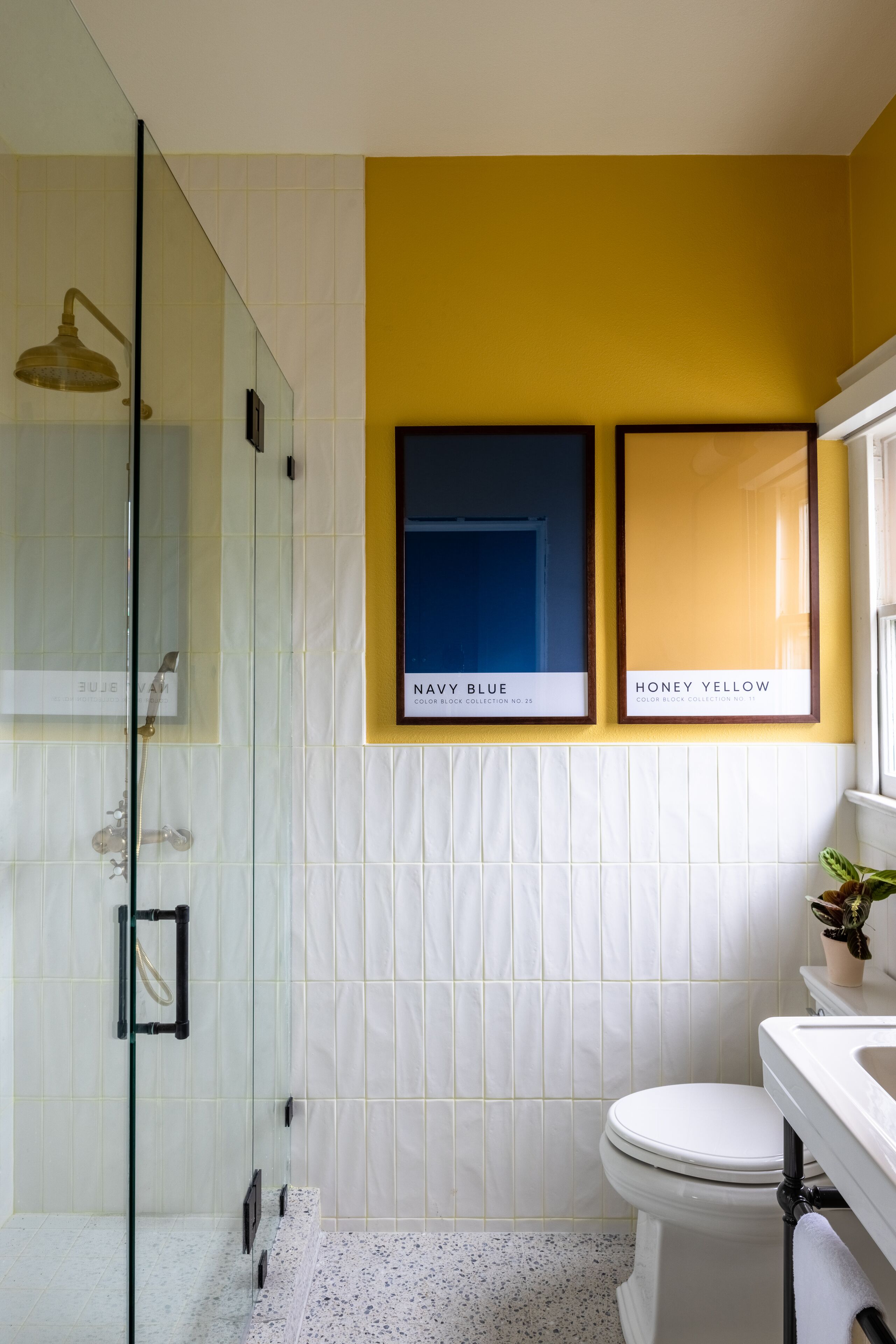 Une salle de bain avec une douche à parois de verre, des toilettes et un lavabo.