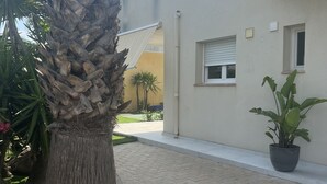 A palm tree with a textured trunk, a paved walkway, and a building with a window and a potted plant. - Villa Sete les Pieds Dans Leau (Sète)