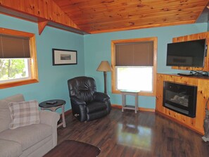 テレビ、暖炉、書庫