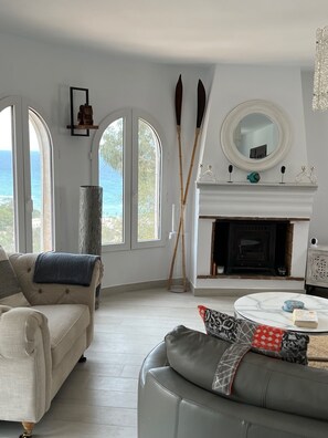 Älytelevisio, takka, DVD-soitin, videokirjasto