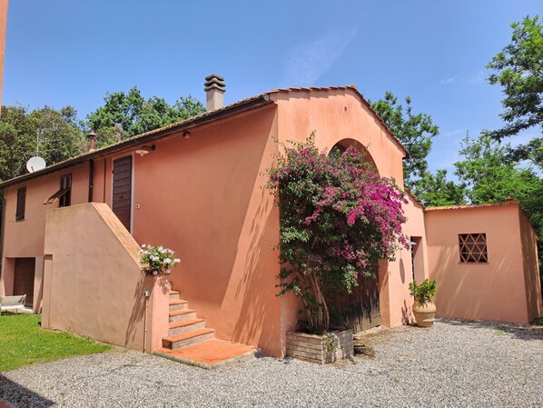 Un edificio con rivestimento in stucco, una scalinata che conduce a una porta e un cespuglio fiorito.