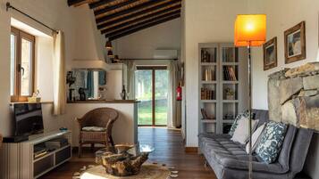 Televisión, chimenea, tenis de mesa y libros