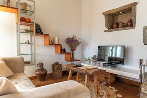 Télévision, cheminée, table de tennis de table, livres