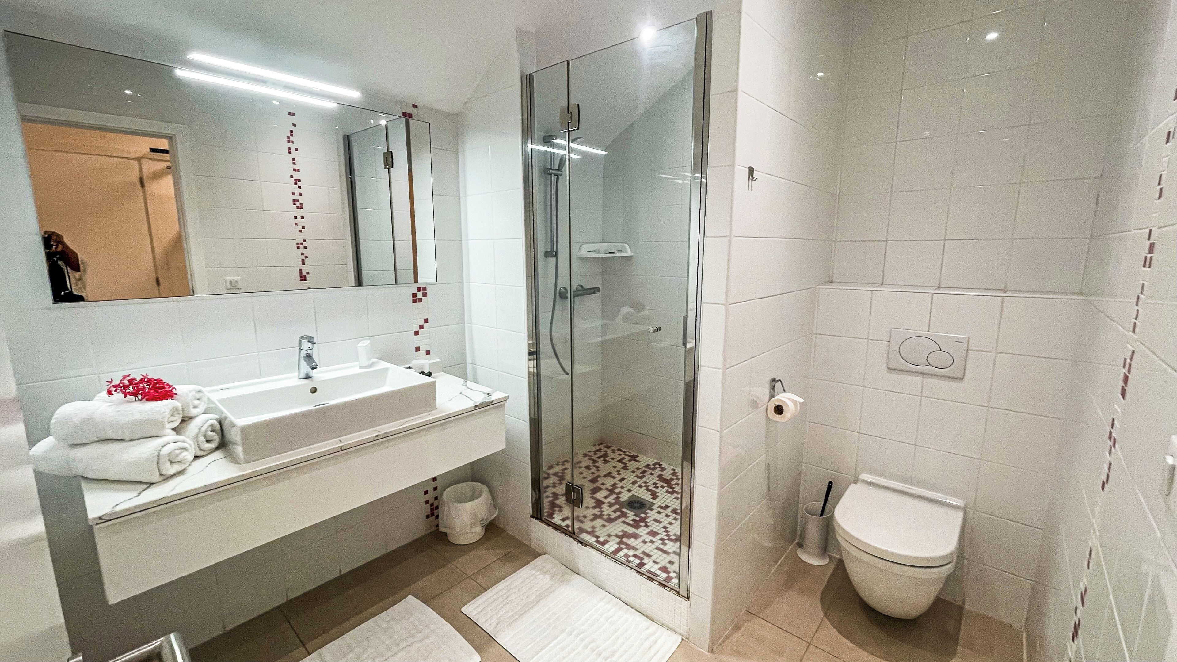 A modern bathroom with a glass-enclosed shower, a white sink, and a toilet.