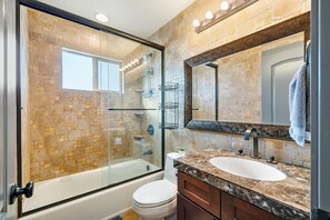 Hair dryer, towels, soap, shampoo