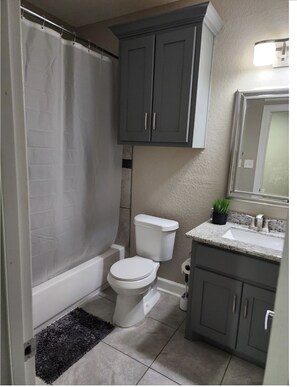 Hair dryer, towels, soap, shampoo