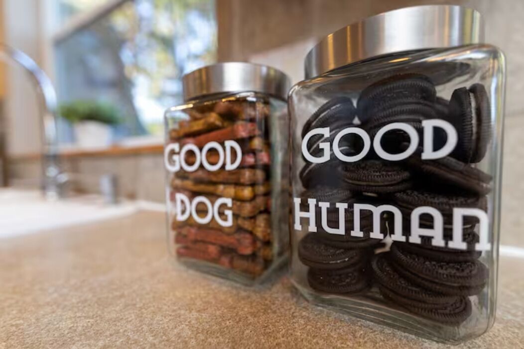 Two glass jars labeled 'GOOD DOG' and 'GOOD HUMAN' containing different snacks.
