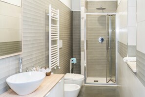 Shower, hair dryer, bidet, towels