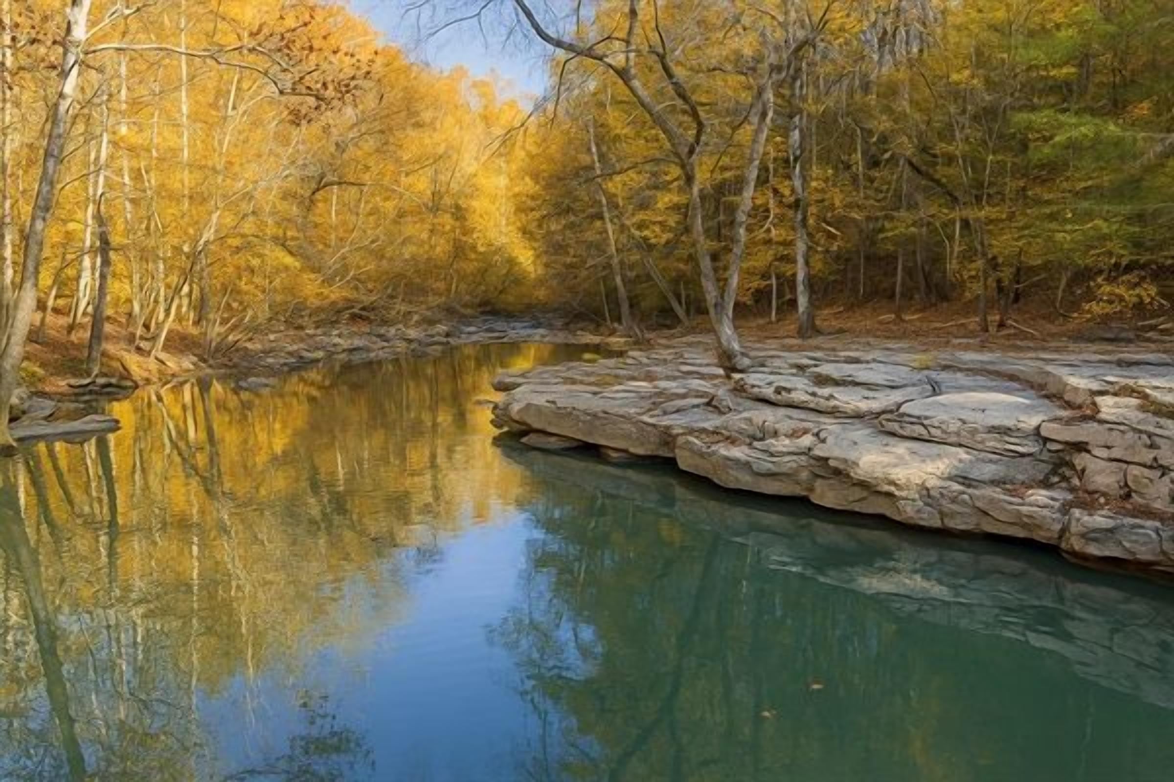 Un río con aguas cristalinas que reflejan árboles y rocas.