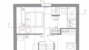 A floor plan of a hotel with labeled rooms A, B, C, and D, and a central area marked as 'planta primera'. - Restored fisherhouse for 6 persons (Lira (Santa Maria))