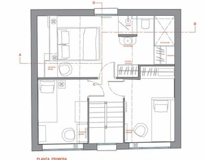 A floor plan of a hotel with labeled rooms A, B, C, and D, and a central area marked as 'planta primera'.