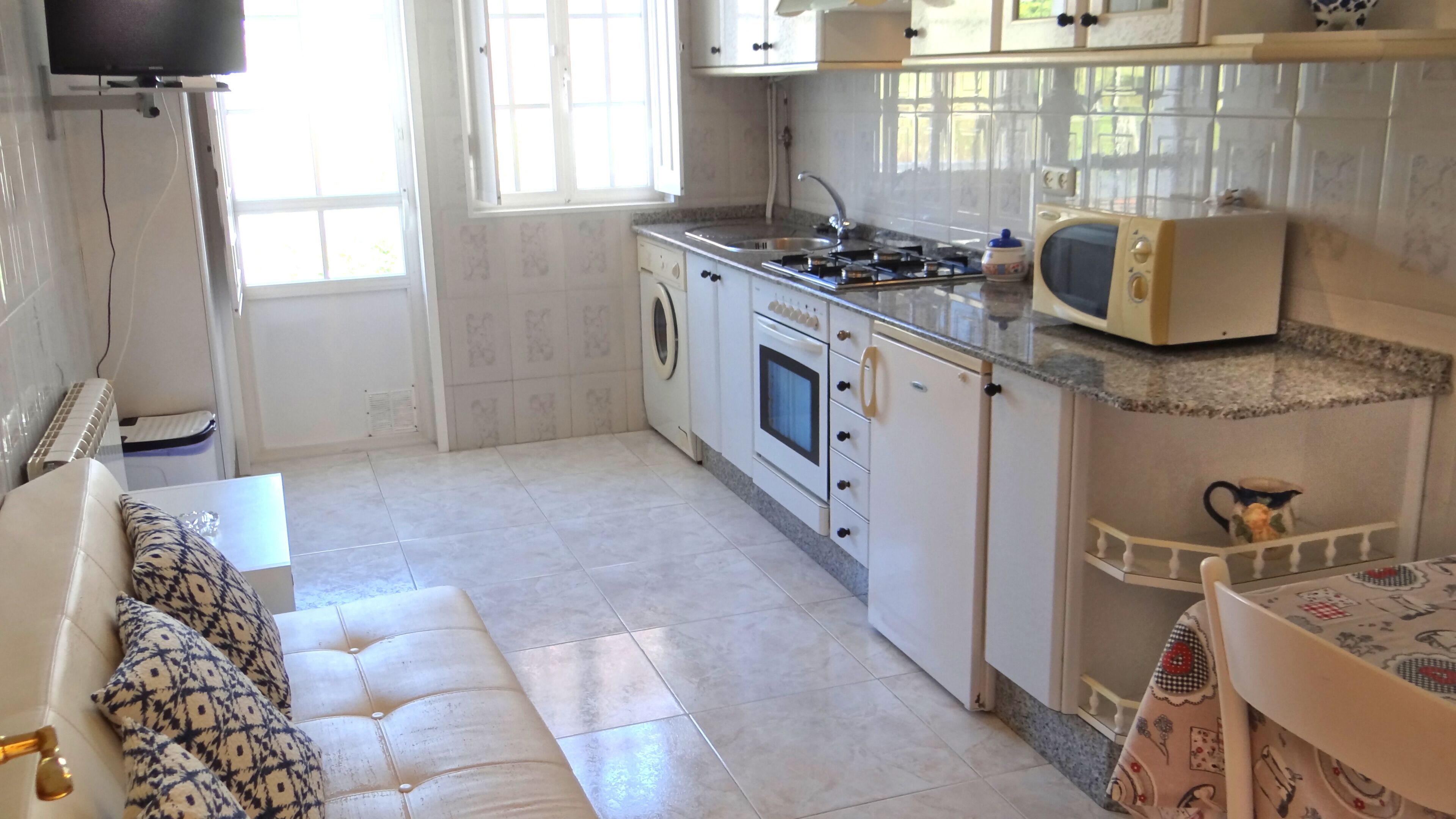 Fridge, microwave, oven, cookware/dishes/utensils