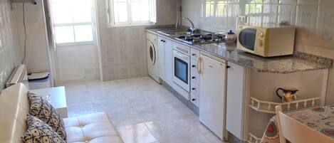 Fridge, microwave, oven, cookware/dishes/utensils