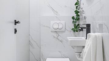 A modern bathroom with a toilet, sink, and mirror.
