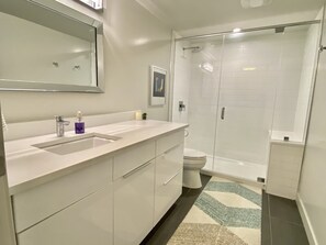 Shower, hair dryer, towels, soap