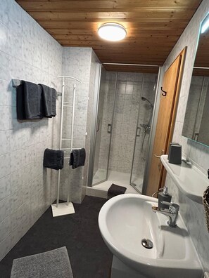 Shower, hair dryer, towels