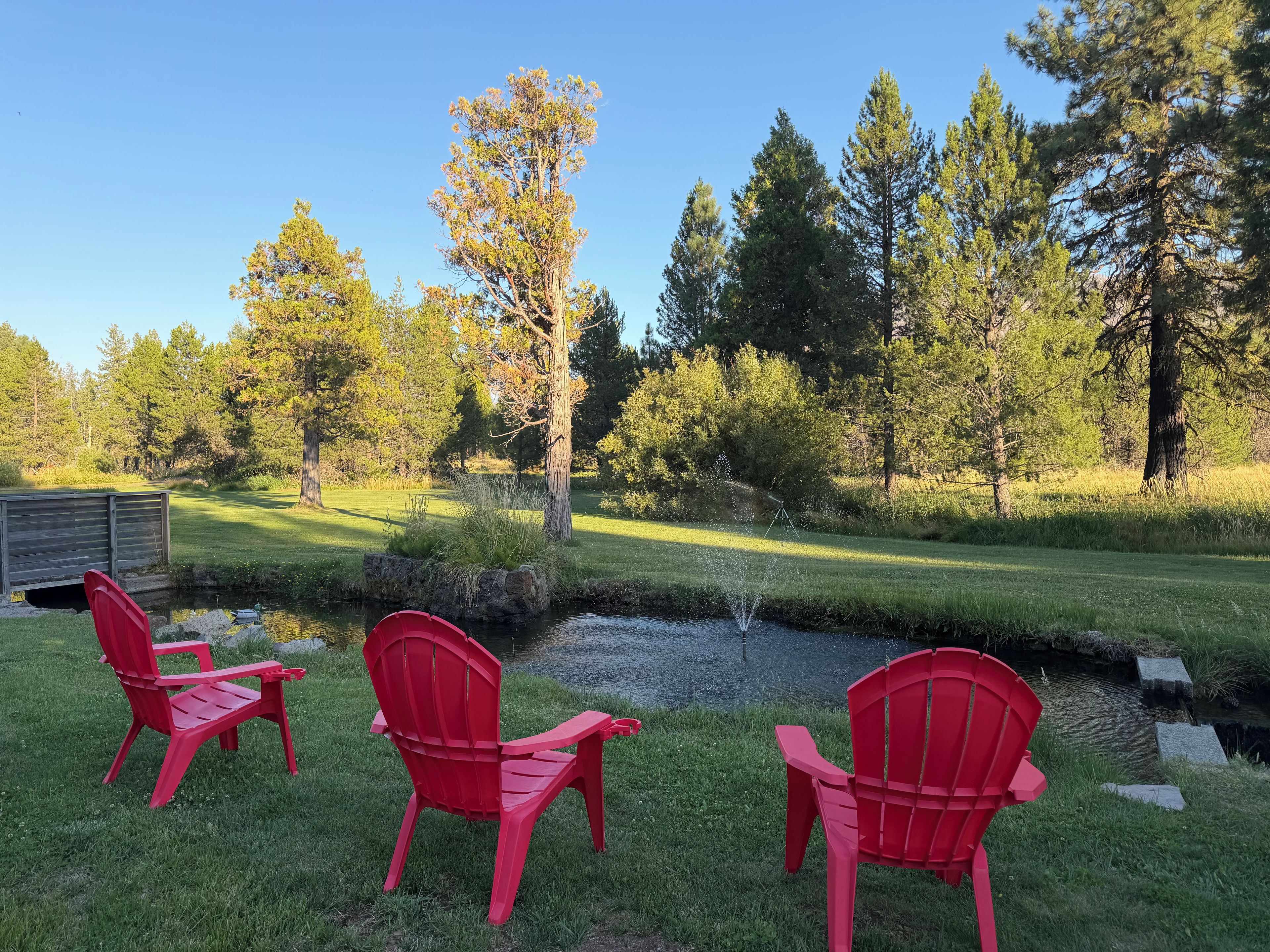 A serene outdoor setting with a small pond, three red chairs, and a wooden deck.