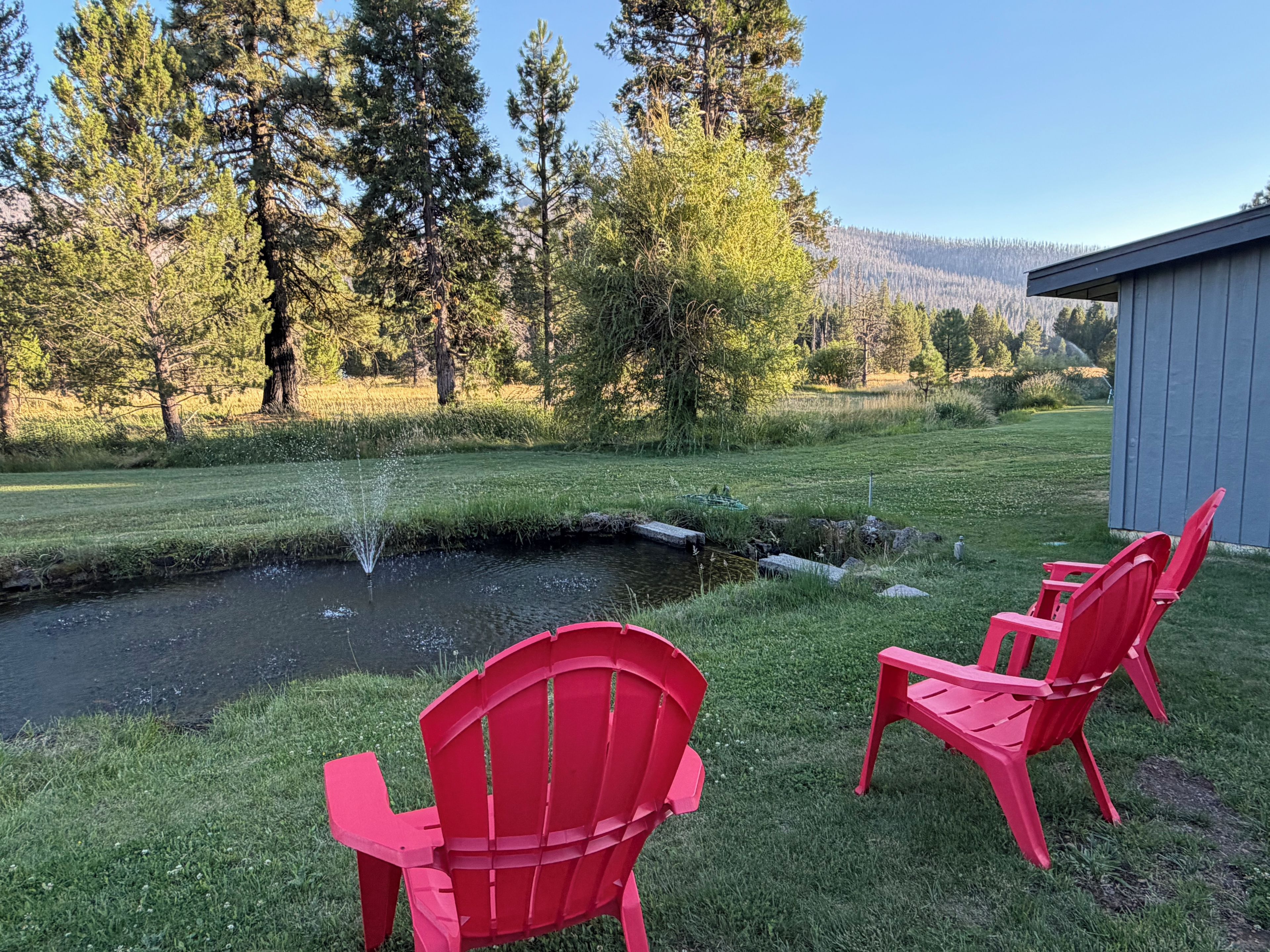 A serene outdoor setting with a small stream, red Adirondack chairs, and a wooden shed.