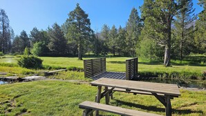 Ett picknickbord och en bänk i trä, placerade i ett grönområde i en park, med träd i bakgrunden.